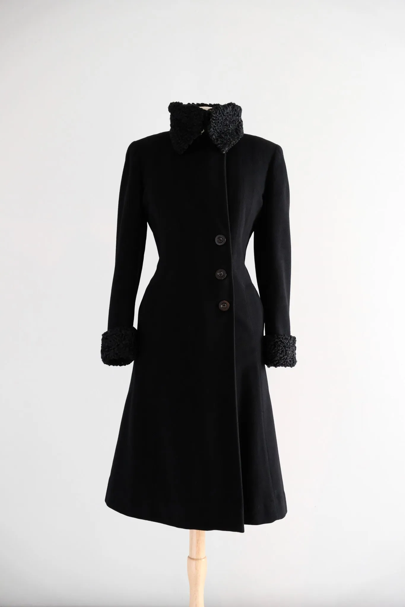 Vintage 1940's Black Wool Princess Coat with Persian Lamb Trim / L