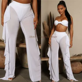 WHITE SHEER MESH RUFFLE SIDE BEACH PANTS