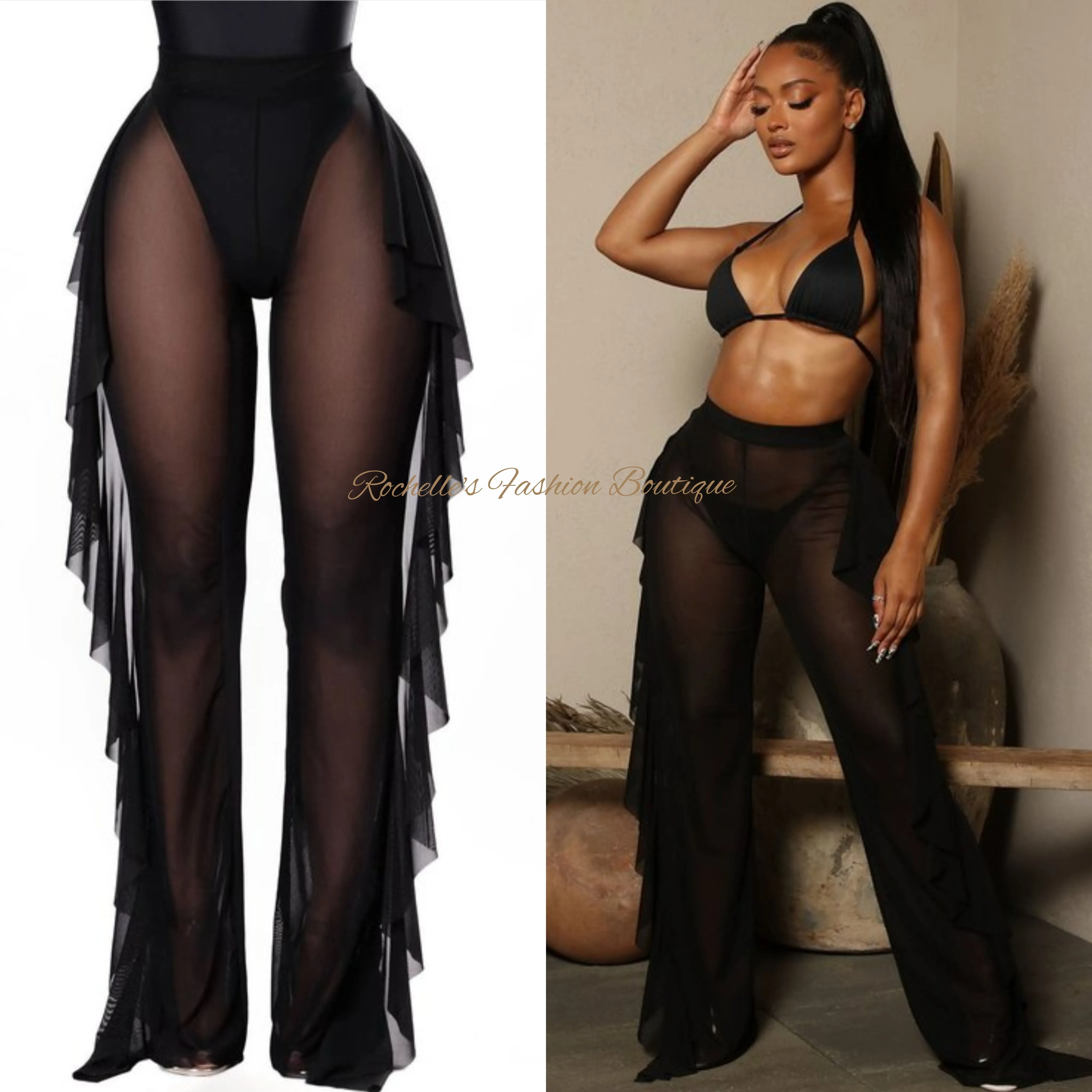 WHITE SHEER MESH RUFFLE SIDE BEACH PANTS