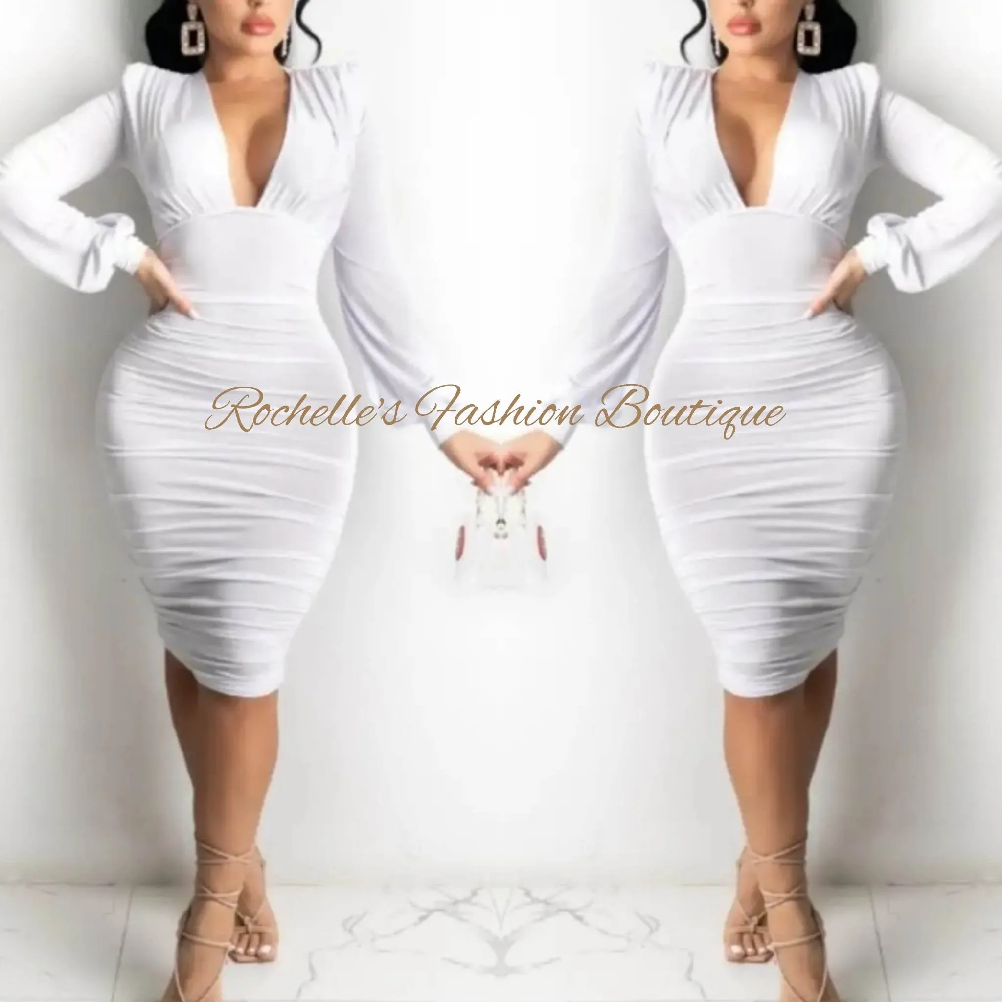 White VNeck Long Sleeve Bodcone