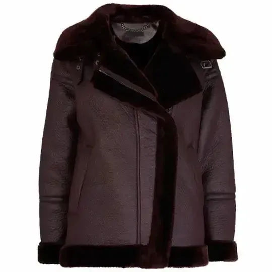 Women's Dark Maroon Faux Fur Shearling Biker Jacket - Stylish & Cozy