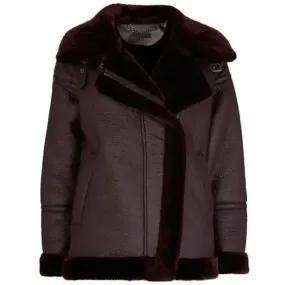 Women's Dark Maroon Faux Fur Shearling Biker Jacket - Stylish & Cozy