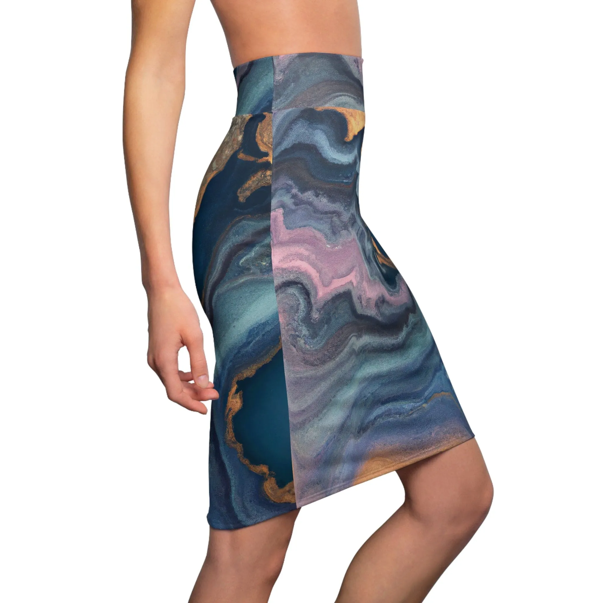 Womens Pencil Skirt - Blue Pink Gold Abstract Marble Swirl Pattern