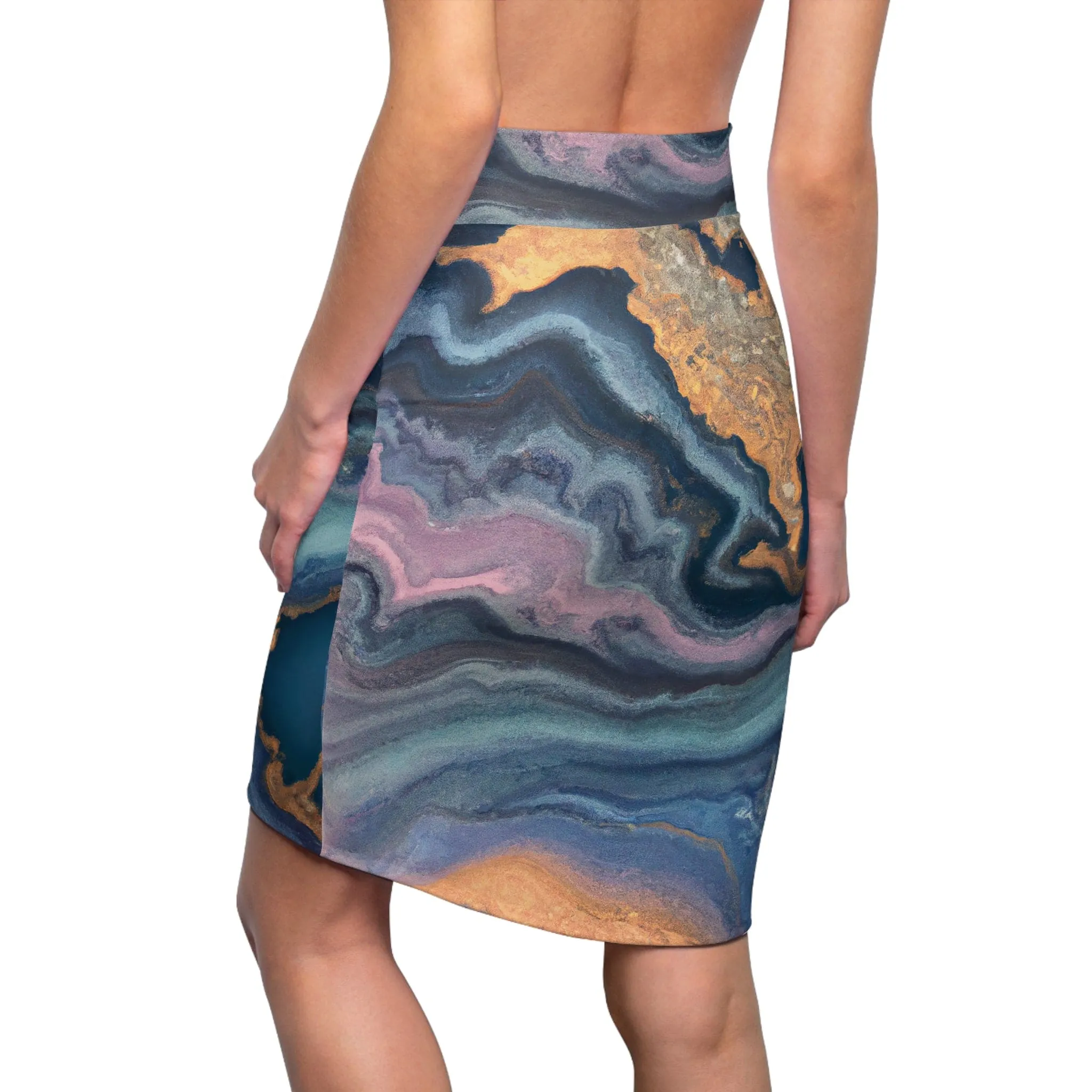 Womens Pencil Skirt - Blue Pink Gold Abstract Marble Swirl Pattern