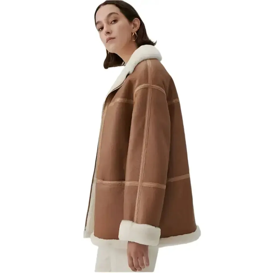 Women’s Sheepskin Brown Aviator Shearling Jacket – Warm & Stylish