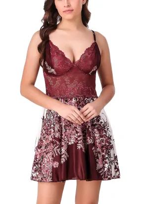 Xs and Os Women Floral Design Satin Nightwear with Lacework